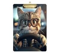 Cat is Driving (1) Portapapeles acrílico para enfermeras y oficina, tablero de clip de plástico con clip de perfil bajo, gancho para colgar, tablero de escritura de PVC transparente, dorado, 12.5 x 9