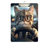 Cat is Driving (1) Portapapeles acrílico para enfermeras y oficina, tablero de clip de plástico con clip de perfil bajo, gancho para colgar, tablero de escritura de PVC transparente, plateado de 12.5