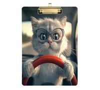 Cat is Driving - Portapapeles acrílico para enfermeras y oficina, tablero de clip de plástico con clip de perfil bajo, gancho para colgar, tablero de escritura de PVC transparente, dorado, 12.5 x 9