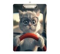 Cat is Driving - Portapapeles acrílico para enfermeras y oficina, tablero de clip de plástico con clip de perfil bajo, gancho para colgar, tablero de escritura de PVC transparente, color plateado