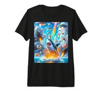 Cat Kitty Montando Fuego Respirando Tiburón Arco Iris Laser Camiseta Premium
