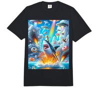 Cat Kitty Montando Fuego Respirando Tiburón Arco Iris Laser Comfort Colors Adult Heavyweight T-Shirt