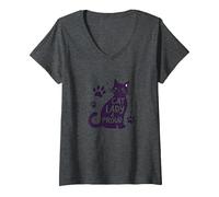 Cat Lady & Proud: Declaración del Orgullo del Amante felino Camiseta Cuello V, Mujer, Jaspeado Oscuro, L