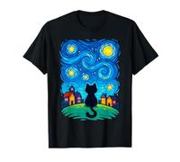 Cat Looking At Starry Night Sky Colorful Moon Houses Stars Camiseta