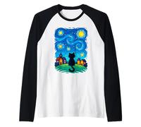 Cat Looking At Starry Night Sky Colorful Moon Houses Stars Camiseta Manga Raglan