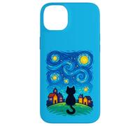 Cat Looking At Starry Night Sky Colorful Moon Houses Stars Carcasa para iPhone 14 Plus