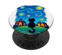 Cat Looking At Starry Night Sky Colorful Moon Houses Stars PopSockets PopGrip Adhesivo