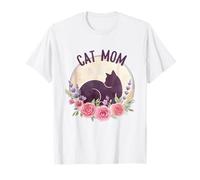Cat, Mom Floral Watercolor Black, Cat Silhouette Pink Roses Camiseta