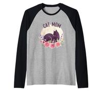 Cat, Mom Floral Watercolor Black, Cat Silhouette Pink Roses Camiseta Manga Raglan
