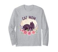 Cat, Mom Floral Watercolor Black, Cat Silhouette Pink Roses Manga Larga