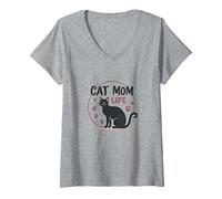 Cat Mom Life: Feline Lover'S Whimsical Paw, Gato Camiseta Cuello V, Mujer, Gris Jaspeado, L