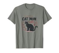 Cat Mom Life: Feline Lover'S Whimsical Paw, Gato Camiseta, Hombre, Verde Militar Jaspeado, M