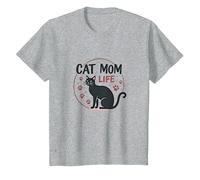 Cat Mom Life: Feline Lover'S Whimsical Paw, Gato Camiseta, Niños, Gris Jaspeado, 8 años