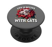 Cat Mom Life Is Better with Cats Graphic Christmas Floral PopSockets PopGrip Adhesivo