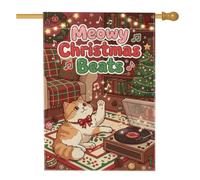 Cat Music - Bandera de Navidad con cita de casa, 71 x 101 cm | Jengibre Tabby, bandera de patio, tocadiscos, notas musicales, sala de estar acogedora, sillón a cuadros, pino