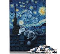Cat on Roof, Starry Night Style Rompecabezas Imposible,desafío para Adultos Entretenimiento Creativo 1000 Piezas Obra De Arte De Juego De para Adultos Y Niños A Partir De 12 Años 1000pcs (75x50cm)