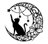 Cat On The Moon Star Metal Wall Art Art de Pared de Gato Decoración de Pared de Gato Negro Decoración de Pared de Black Metal Moderno Hollow out Metal Escultura para el Dormitorio Decoraciones de par