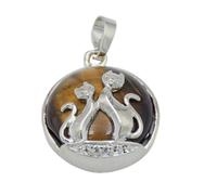 Cat Pendant For Necklace Natural Stone Round Flat Beads Charms Double Cats Lover Jewelry Love Heart Pendants Girl Women,tiger Eye