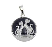 Cat Pendant For Necklace Natural Stone Round Flat Beads Charms Double Cats Lover Jewelry Love Heart Pendants Girl Women,blue Sand
