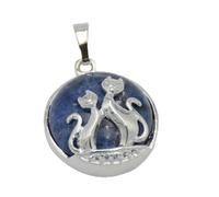 Cat Pendant For Necklace Natural Stone Round Flat Beads Charms Double Cats Lover Jewelry Love Heart Pendants Girl Women,Sodalite