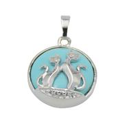 Cat Pendant For Necklace Natural Stone Round Flat Beads Charms Double Cats Lover Jewelry Love Heart Pendants Girl Women,turquoises