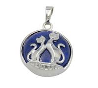 Cat Pendant For Necklace Natural Stone Round Flat Beads Charms Double Cats Lover Jewelry Love Heart Pendants Girl Women,Lapis Lazuli