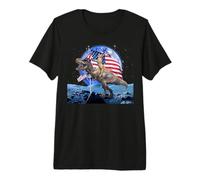 Cat Riding Dinosaur In Moon US Patriotic Flag 4th of July Camiseta Premium