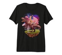 Cat Riding Dinosaur T Rex USA American Flag 4th of July Camiseta Premium