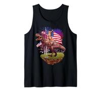 Cat Riding Dinosaur T Rex USA American Flag 4th of July Camiseta sin Mangas