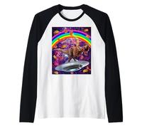 Cat Riding Dinosaur Trex UFO Taco Donuts In Galaxy Camiseta Manga Raglan