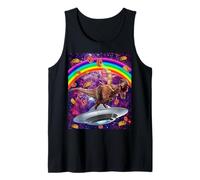 Cat Riding Dinosaur Trex UFO Taco Donuts In Galaxy Camiseta sin Mangas