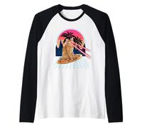Cat Riding Pizza Laser Eyes 80s Cat In Space Cats Lovers Camiseta Manga Raglan
