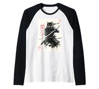Cat Samurai Japanese Sumi-e Painting Katana Art Camiseta Manga Raglan