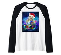 Cat Santa Hat Christmas Tree Lights In Space Funny Xmas Camiseta Manga Raglan