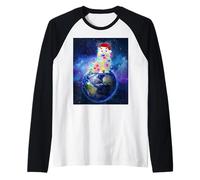 Cat Santa Hat Christmas Tree Lights In Space Funny Xmas Camiseta Manga Raglan