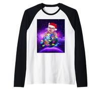 Cat Santa Hat Christmas Tree Lights In Space Funny Xmas Camiseta Manga Raglan