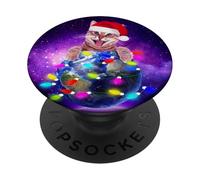 Cat Santa Hat Christmas Tree Lights In Space Funny Xmas PopSockets PopGrip Adhesivo