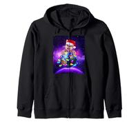 Cat Santa Hat Christmas Tree Lights In Space Funny Xmas Sudadera con Capucha