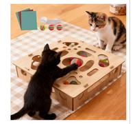 Cat Scratch Puzzle Box Nail File Sandpaper Inside, Puzzle Maze Enrichment Box, for Indoor Cats Scratching with 1 Bell Balls and 2 Balls