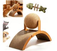 Cat Scratching Ball on Stand, Solid Wood Interactive Cat Scratcher with Arch Bridge & 360° Rotating Ball - Durable Cats Toy for Indoor Cats & Kittens, Prevents Furniture Damage (13.7 * 5.9 * 10.2in)