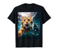 Cat Selfie During Shark Chase Funny Underwater Graphic Camiseta
