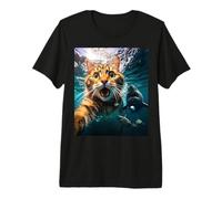 Cat Selfie During Shark Chase Funny Underwater Graphic Camiseta Premium