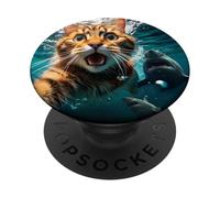 Cat Selfie During Shark Chase Funny Underwater Graphic PopSockets PopGrip Adhesivo