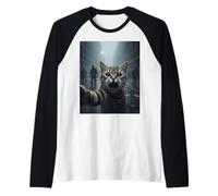 Cat Selfie Escape from Zombi Funny for Kids Teens Adult Camiseta Manga Raglan