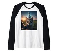 Cat Selfie with Alien on The Back Funny for Kids Teens Adult Camiseta Manga Raglan