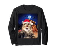 Cat Selfie with Santa, Reindeer, and Sleigh Funny Christmas Manga Larga
