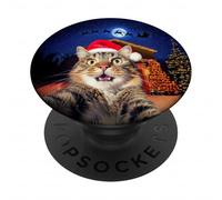Cat Selfie with Santa, Reindeer, and Sleigh Funny Christmas PopSockets PopGrip Adhesivo