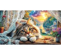 Cat-Sitting-by-Pink-Peonies-in-Countryside Puzzle Adultos 1000 Piezas Papel Reciclado Juego Familiar Desafiante para Adultos y niños de 12 años 70x50/1000pcs