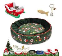 Cat Sleigh Bed, Christmas Sleigh Cat Bed with Non-Slip Bottom, Washable Christmas Dog Bed, Fuzzy Holiday Cat Bed, Keep Warm & Super Soft, Fits an 18Inch Crate, for All Size Dogs & Cats (Green print)
