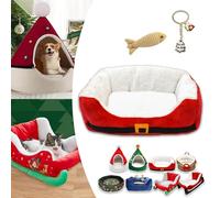 Cat Sleigh Bed, Christmas Sleigh Cat Bed with Non-Slip Bottom, Washable Christmas Dog Bed, Fuzzy Holiday Cat Bed, Keep Warm & Super Soft, Fits an 18Inch Crate, for Indoor Cats and Dogs (Xmas belt)
